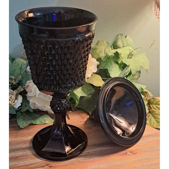 Vintage Indiana Black Glass Tiara Diamond Point 15" Pedestal Compote w/Lid Candy - Picture 2 of 6
